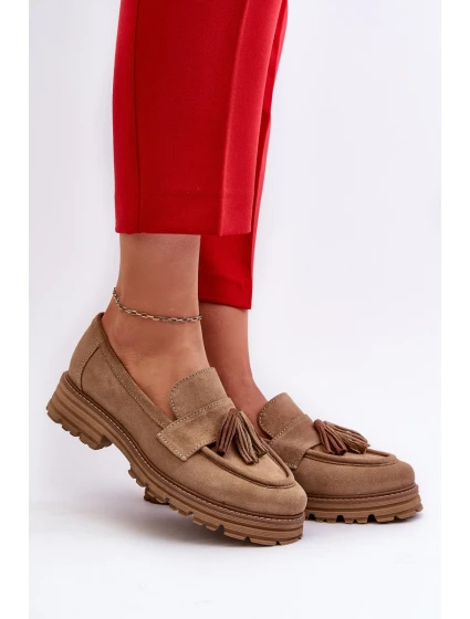 Zazoo 3469 Zamszowe Mokasyny Damskie Z Frędzlami Beżowe