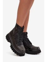 Skórzane Botki Damskie Na Platformie Z Napisami I Ozdobnym Detalem Artiker 57C2273 Czarne