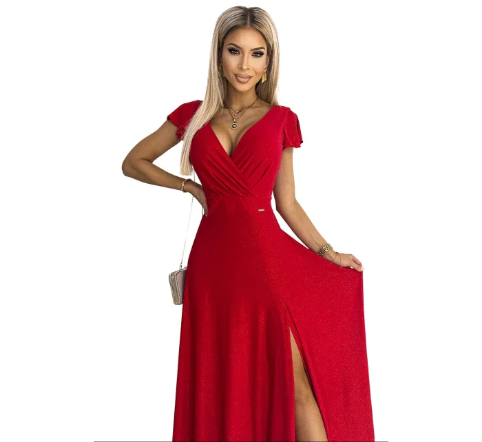 CRYSTAL Dlouhé červené lesklé dámské šaty s výstřihem model 18326796 - numoco