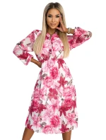 449-5 CARLA Plisowana sukienka midi z guziczkami i długim rękawkiem - ciemno-różowe KWIATY na białym tle 449-5 CARLA Plisowana sukienka midi z guziczkami i długim rękawkiem - ciemno-różowe KWIATY na białym tle