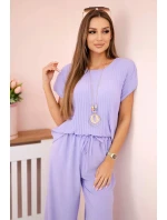 Viskózový komplet plisovaná halenka + kalhoty světle fialová