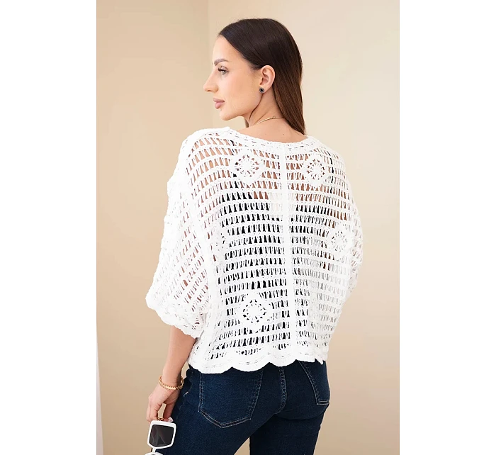 Dámsky bavlnený ažurový sveter s krátkymi rukávmi biely