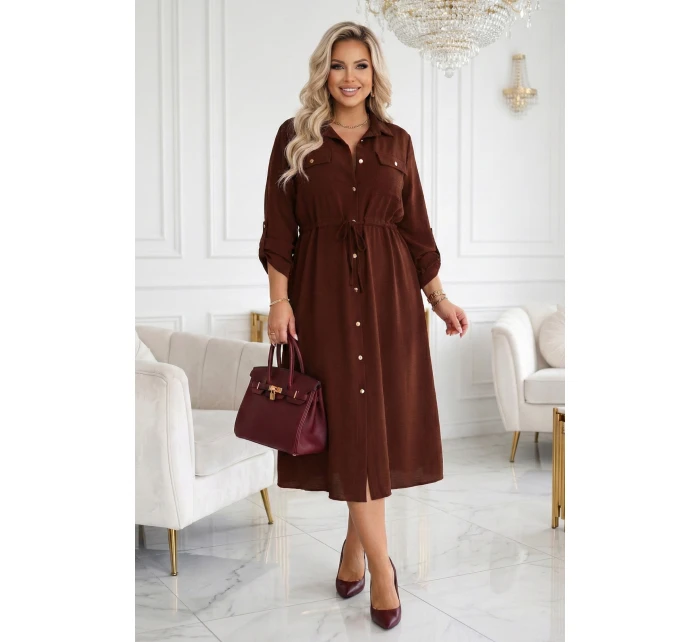 651-1 Midi šaty s gombíkmi a opaskom - čokoládové