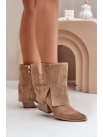 Zamszowe Botki Kowbojki Na Słupku Z Wywiniętą Cholewką Zazoo 3488 Beżowe