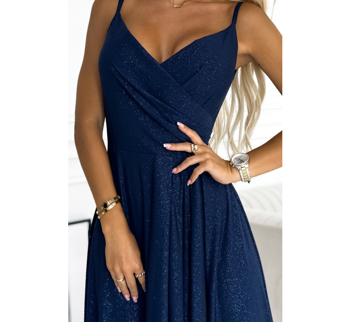 CHIARA - Tmavomodré elegantné dámske maxi šaty na ramienkach s brokátom 299-10