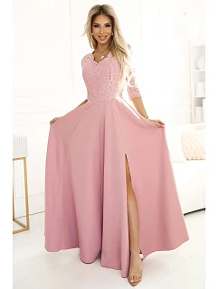 Dámske dlhé čipkované šaty 309-13 AMBER powder pink - Numoco