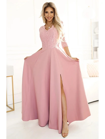 Dámske dlhé čipkované šaty 309-13 AMBER powder pink - Numoco