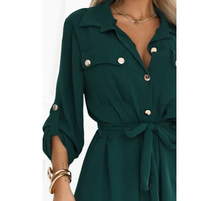 model 21402432 Midi košilka se zlatými knoflíky a vázáním zelená - numoco basic model 21402432 Midi košilka se zlatými knoflíky a vázáním zelená - numoco basic