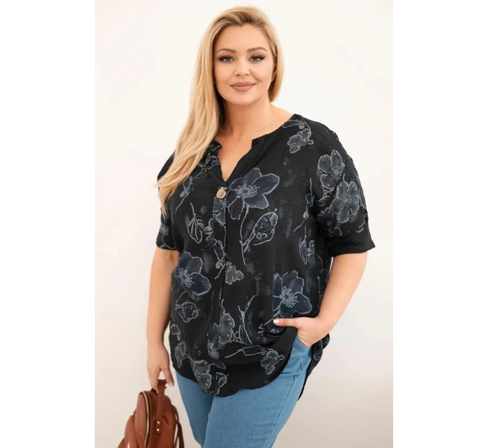Dámská bavlněná halenka Plus Size s květinovým vzorem černá Dámská bavlněná halenka Plus Size s květinovým vzorem černá