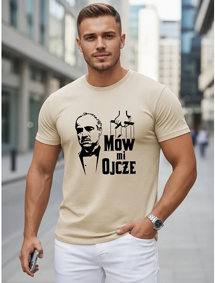 Tshirt męski klasyczny z nadrukiem bawełniany beżowy model 22217897 - FashionStreet