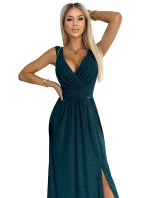 467-1 LOUISE dlhé brokátové šaty s výstrihom a rozparkom na nohách - BUTTER GREEN 467-1 LOUISE dlhé brokátové šaty s výstrihom a rozparkom na nohách - BUTTER GREEN