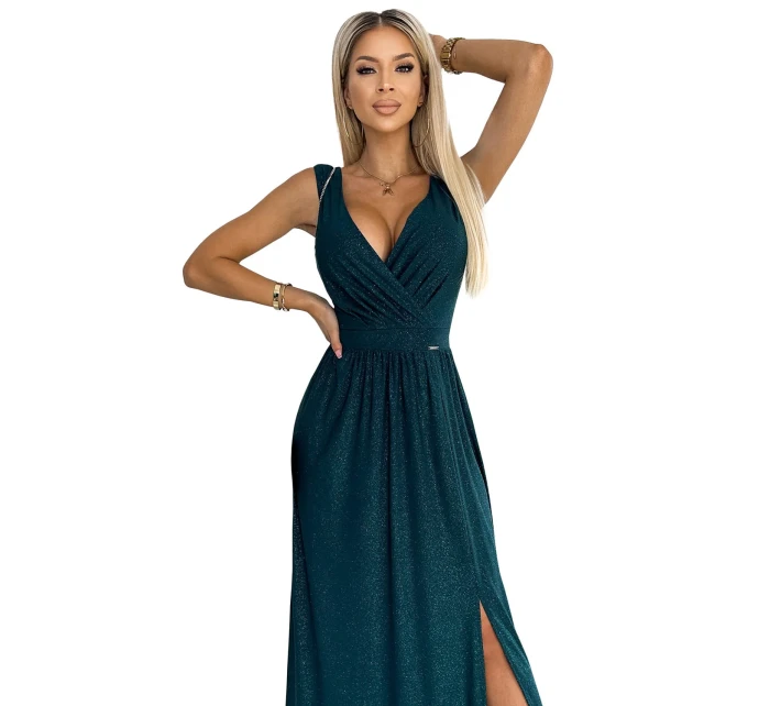 467-1 LOUISE dlhé brokátové šaty s výstrihom a rozparkom na nohách - BUTTER GREEN 467-1 LOUISE dlhé brokátové šaty s výstrihom a rozparkom na nohách - BUTTER GREEN