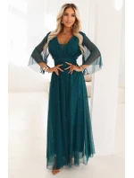 654-1 Dlhé lesklé plus size šaty s výstrihom a priehľadnými rukávmi - fľaškovo zelené 654-1 Dlhé lesklé plus size šaty s výstrihom a priehľadnými rukávmi - fľaškovo zelené