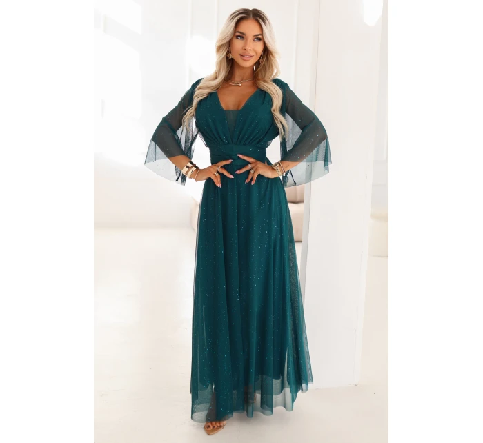 654-1 Dlhé lesklé plus size šaty s výstrihom a priehľadnými rukávmi - fľaškovo zelené 654-1 Dlhé lesklé plus size šaty s výstrihom a priehľadnými rukávmi - fľaškovo zelené