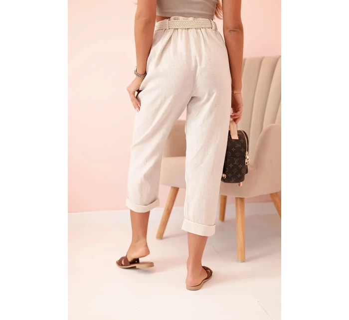 Dámske ľanové nohavice s bavlnou a opaskom béžovej farby Dámske ľanové nohavice s bavlnou a opaskom béžovej farby