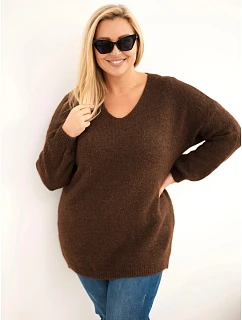 Dámský svetr Plus Size s vlnou s výstřihem do V hnědý