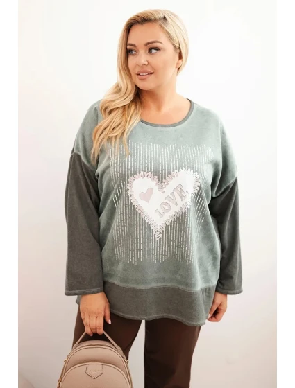 Dámske Plus veľkosť bavlnená mikina s potlačou srdca a šnúrkami Khaki