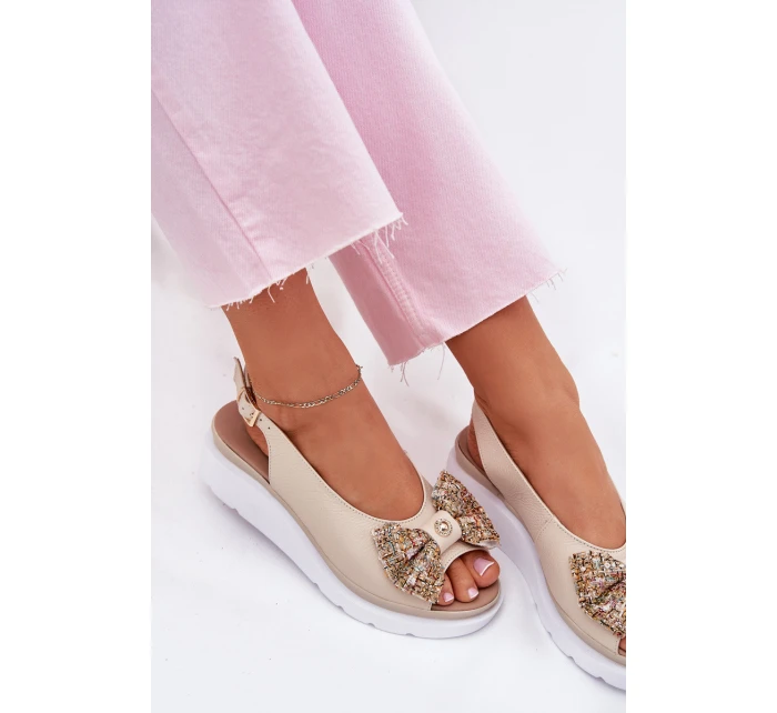 Skórzane Sandały Damskie Na Koturnie Z Kokardą Zazoo 1882 Beżowe