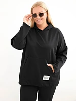 Dámska mikina Plus Size z viskózy s kapucňou a klokaním vreckom, čierna