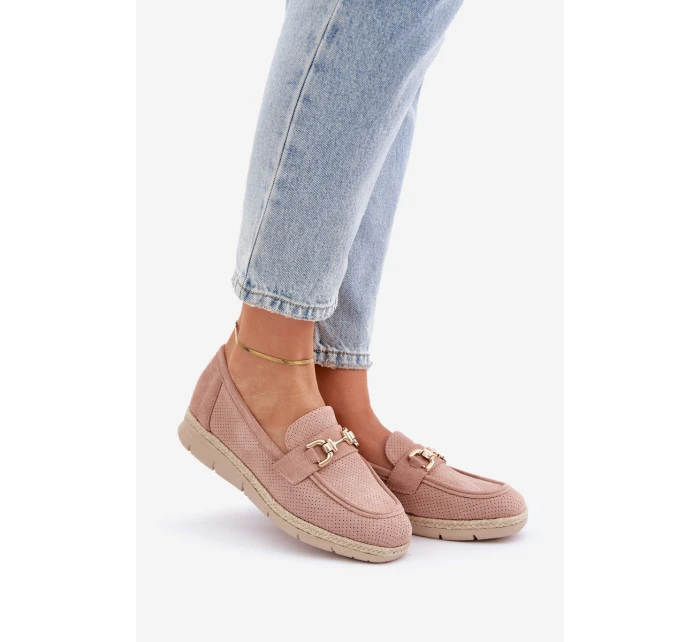 Ażurowe Mokasyny Ze Złotym Detalem I Jutową Plecionką Różowe Lainer