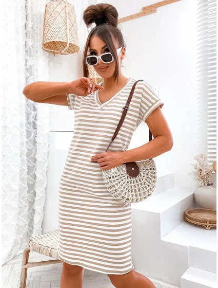 Béžovo-biele letné dámske bavlnené pruhované šaty (762)