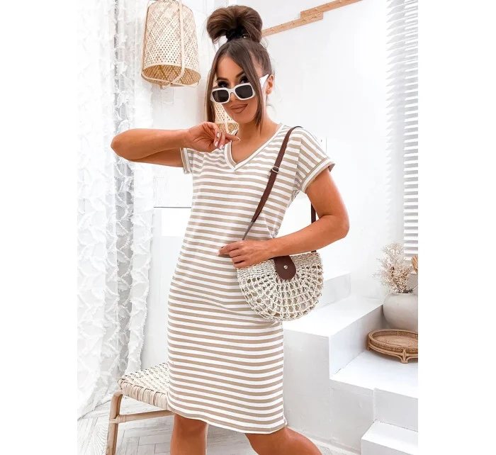 Béžovo-biele letné dámske bavlnené pruhované šaty (762)