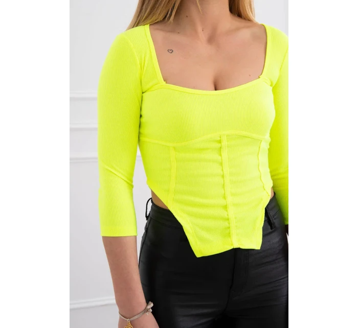 Rebrovaná blúzka s výstrihom žltá neónová
