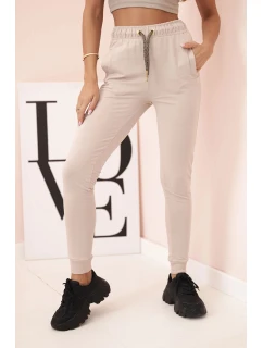 Dámské bavlněné cargo kalhoty s kapsami a řetízkem béžové