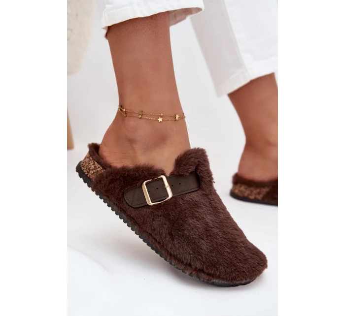 Futrzane Klapki Damskie Na Platformie Z Paskiem I Klamrą Brązowe Noraline