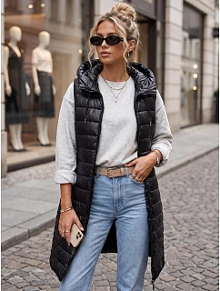 Dlhá dámska prešívaná vesta s kapucňou, čierna, FashionStreet TY5260