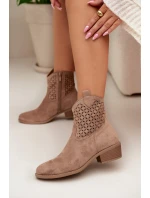 Dámské perforované kotníkové boty na podpatku Béžové model 22009787 - Boto