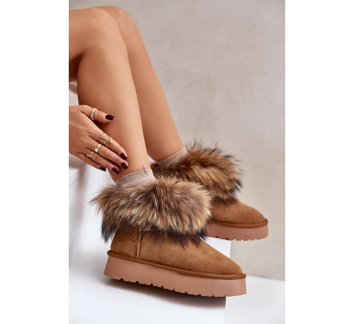 Skórzane Śniegowce Na Platformie Z Futerkiem Camel Avirisa