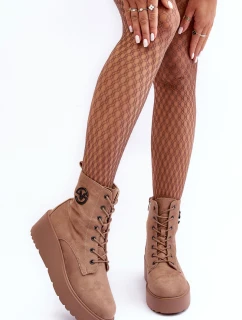 Zamszowe Botki Workery Na Masywnej Platformie Koturnie Beżowe Lavica