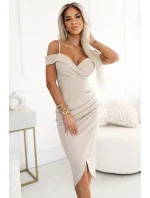 564-5 CALLIE Midi šaty s odhalenými ramenami a výstrihom - svetlo béžové 564-5 CALLIE Midi šaty s odhalenými ramenami a výstrihom - svetlo béžové