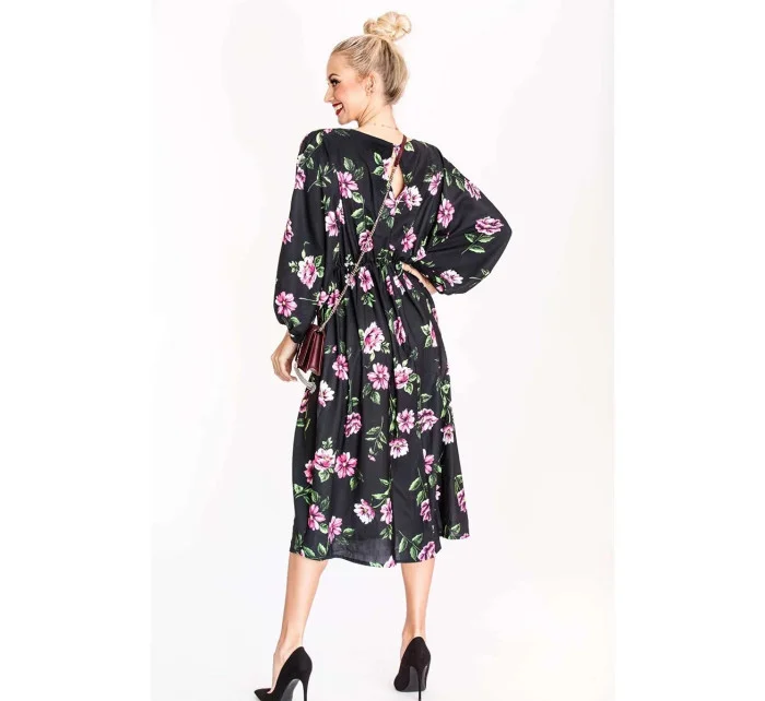 Ann Gissy Kvetinové kimono šaty s okrúhlym výstrihom čierne/ružové (XY202116)