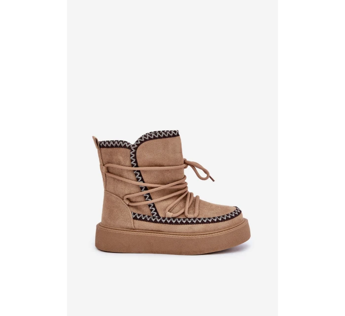 Śniegowce Damskie Z Haftem Na Platformie Brązowe Naleris