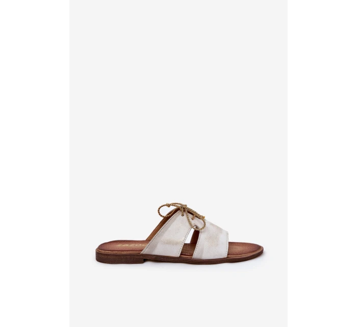 Skórzane Klapki Damskie Na Płaskim Obcasie Zazoo 3022 Złoty Przecierany