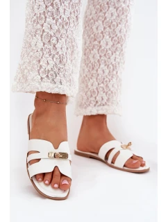 Płaskie Klapki Damskie Z Paseczkiem I Złotym Detalem Białe Kerenza