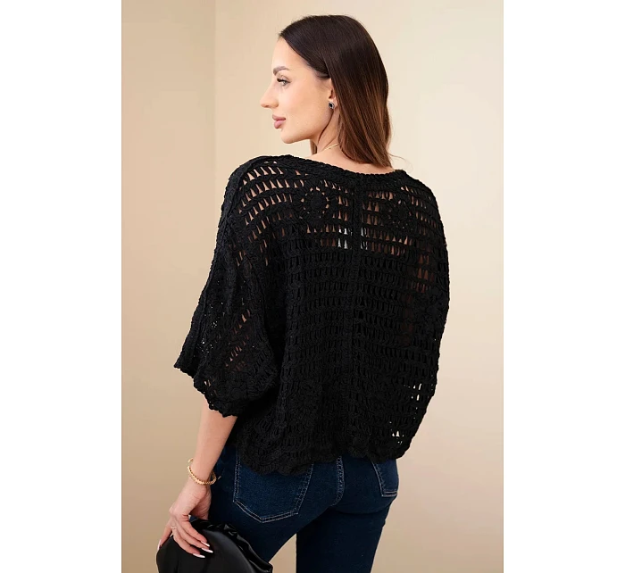 Dámsky bavlnený sveter azura s krátkymi rukávmi a zapínaním na gombíky čierny