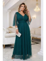 654-1 Dlhé lesklé plus size šaty s výstrihom a priehľadnými rukávmi - fľaškovo zelené 654-1 Dlhé lesklé plus size šaty s výstrihom a priehľadnými rukávmi - fľaškovo zelené