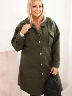 Dámský kabát Plus Size s vlnou na knoflíky s kapsami a límcem khaki
