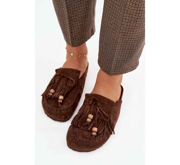 Dámské nazouváky Mule s třásněmi a korálky Čokoládové Belissa