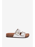 Dámske papuče na korkovej platforme s prackami - strieborné