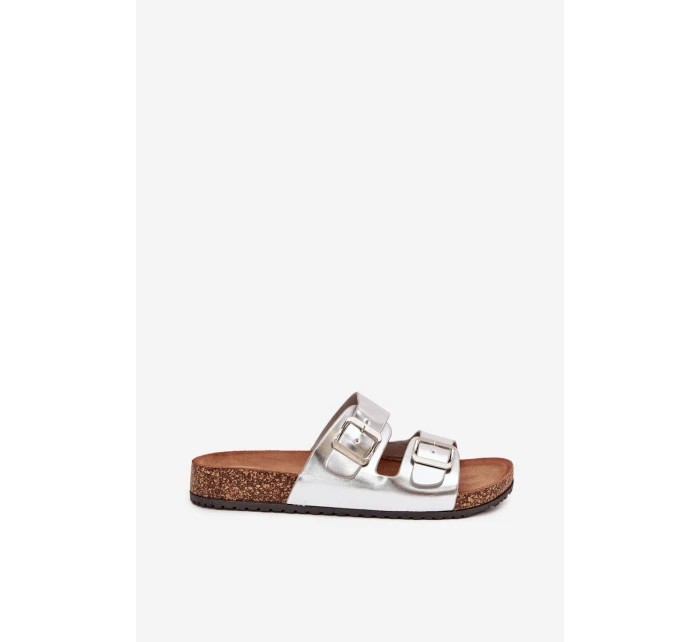 Dámske papuče na korkovej platforme s prackami - strieborné