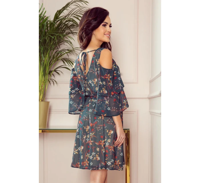 292-2 MARINA splývavé šaty s výstrihom - ZELENÉ S KVETMI