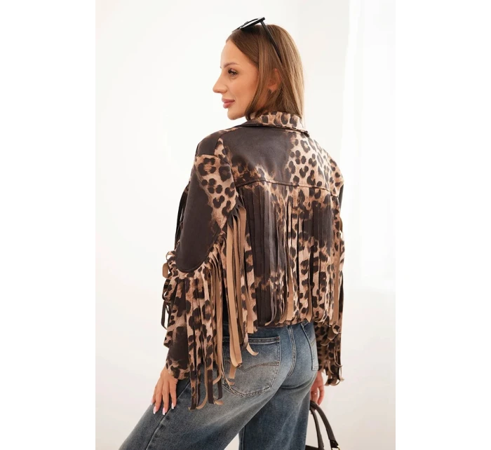 Dámská semišová bunda s leopardím vzorem a třásněmi černá Dámská semišová bunda s leopardím vzorem a třásněmi černá