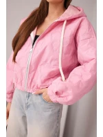 Dámská prošívaná bunda s kapucí a ozdobným květinovým model 22102092 světle růžová - K-Fashion