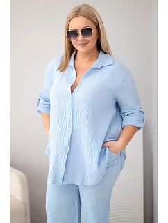 Dámský komplet Plus Size s košilí na knoflíky a s kalhotami se širokými nohavicemi modrý model 22069919 - K-Fashion