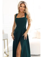 dlouhé šaty s rozparkem na nohou a výstřihem typu  lahvově zelené model 21479060 - numoco
