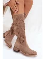 Dámske perforované čižmy na podpätku Helinna - béžové Dámske perforované čižmy na podpätku Helinna - béžové